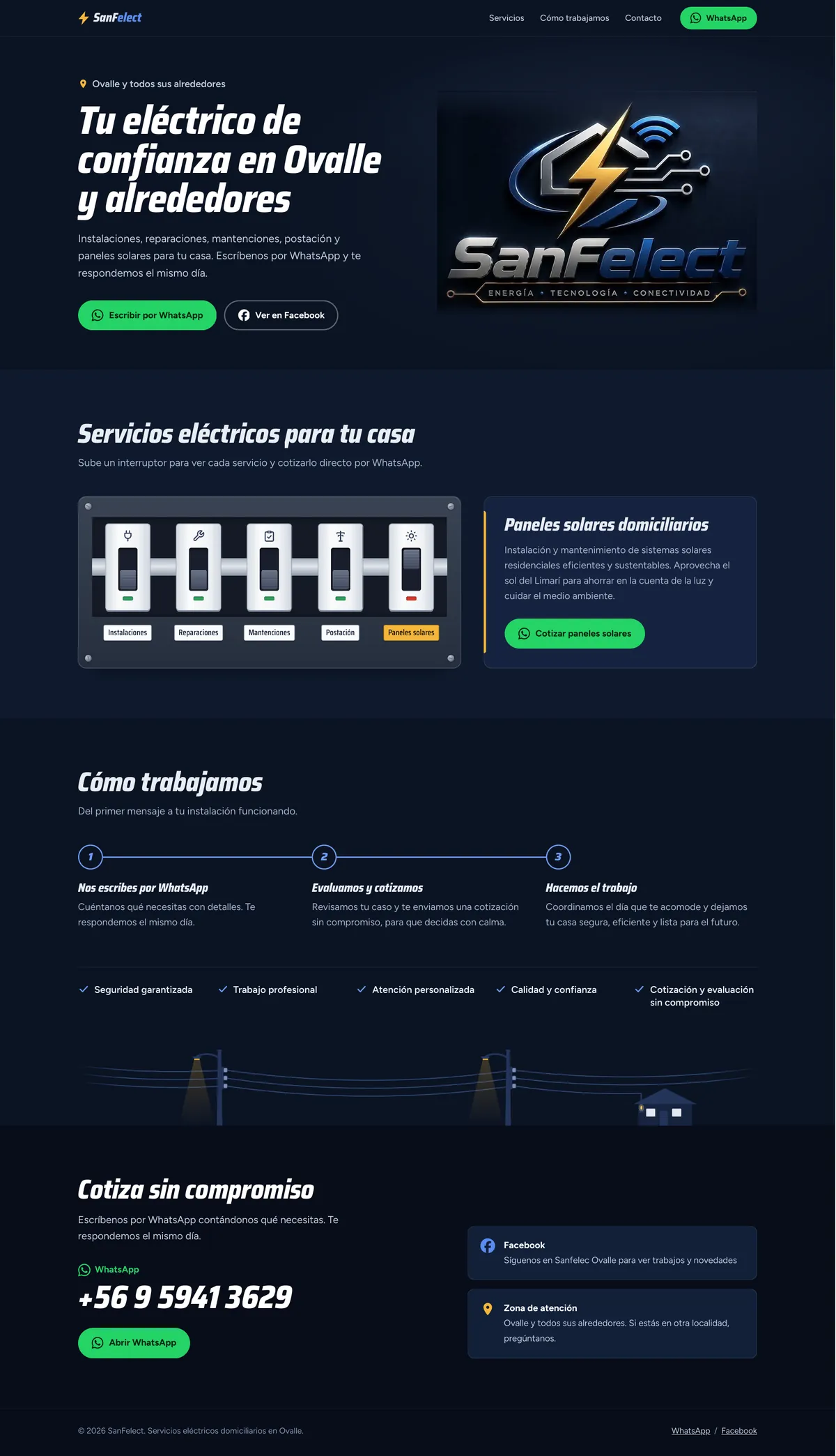 Captura de SanFelect: titular «Tu eléctrico de confianza en Ovalle y alrededores» junto al logo, botones de WhatsApp y Facebook, y más abajo los servicios, cómo trabajan y contacto.