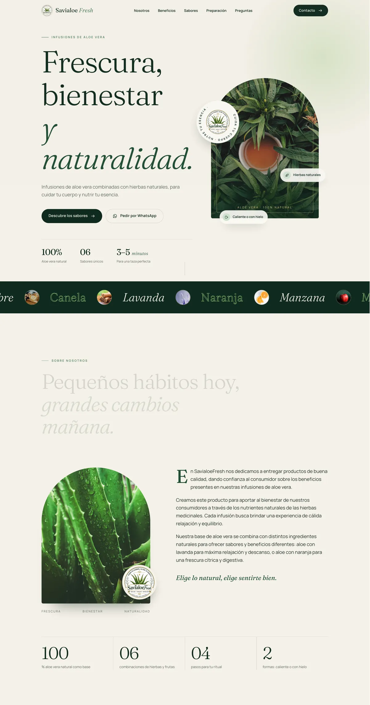 Captura de Savialoe Fresh: titular «Frescura, bienestar y naturalidad», una taza de infusión entre hojas de aloe, una cinta con los sabores y la sección Sobre nosotros.
